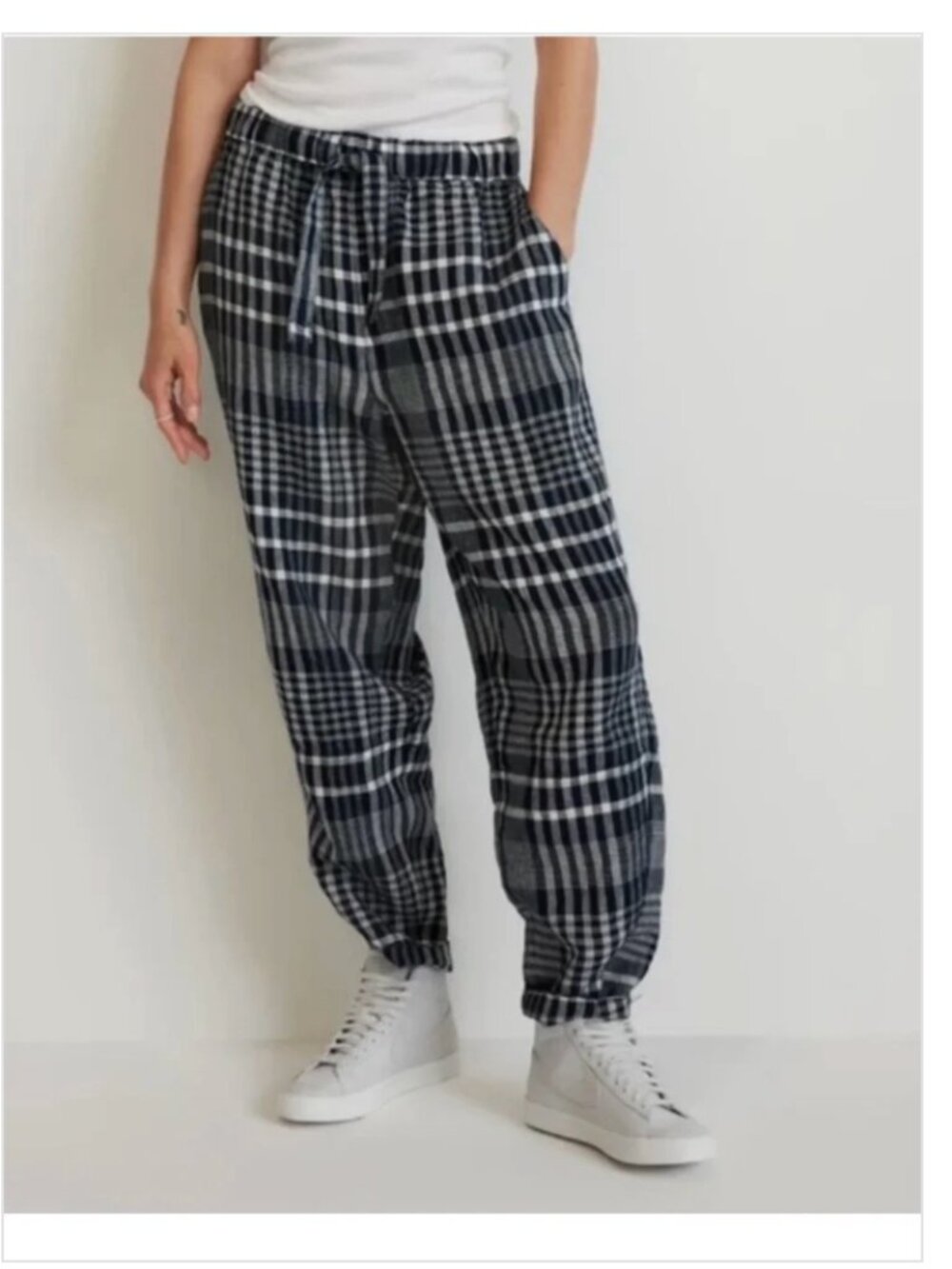 Everlane 100% Linen Pull-On Barrel Pant S Navy Plaid Pockets Lightweight Indie